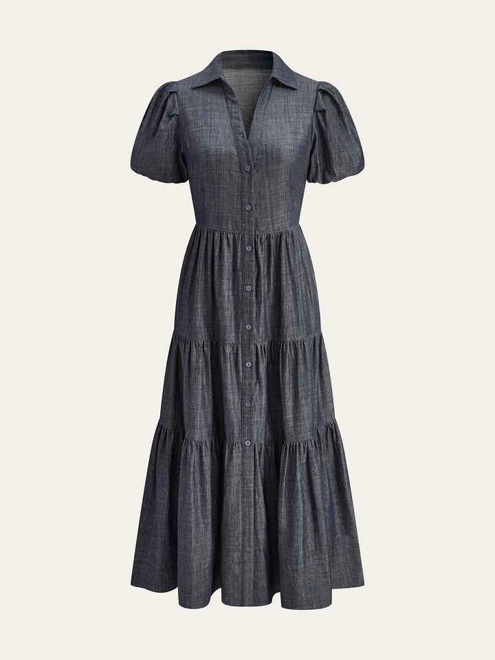 Puff Sleeve Tiered Button-Front maxi Dress