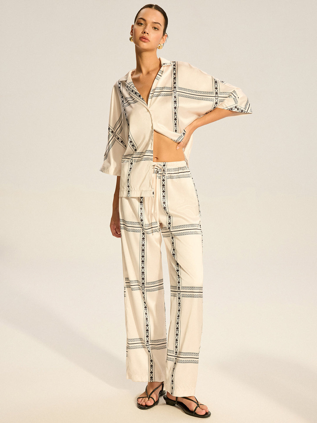 Geometric Printed Satin Pants Set