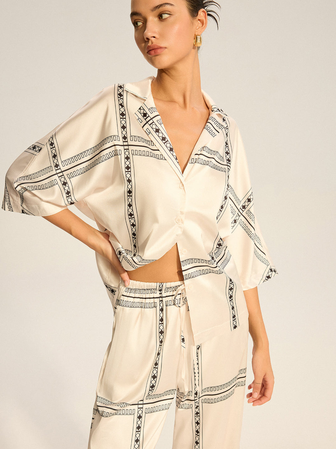 Geometric Printed Satin Pants Set