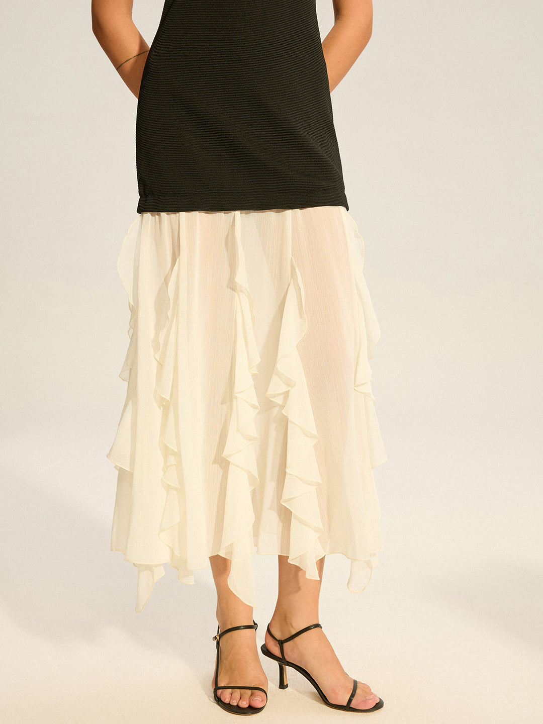 2 in 1 Semi-Sheer Ruffled Hem Maxi Dress