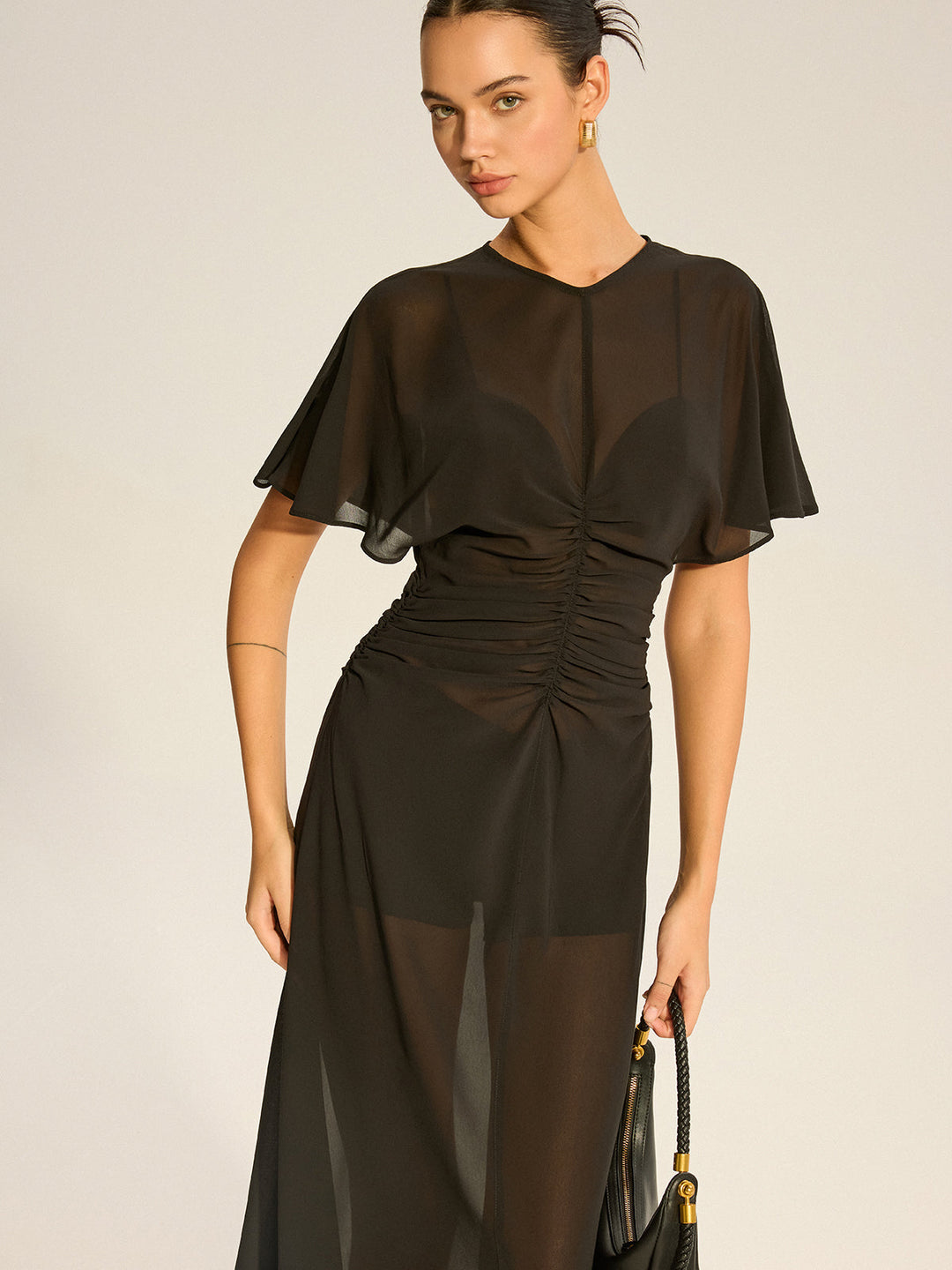 Sheer Chiffon Midi Dress with Lining Slip Two-Piece Set