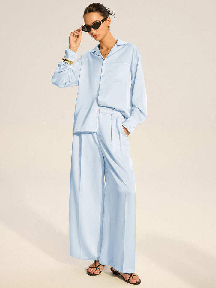 Oversized Pocket Satin Shirt and Pleated Pants Set