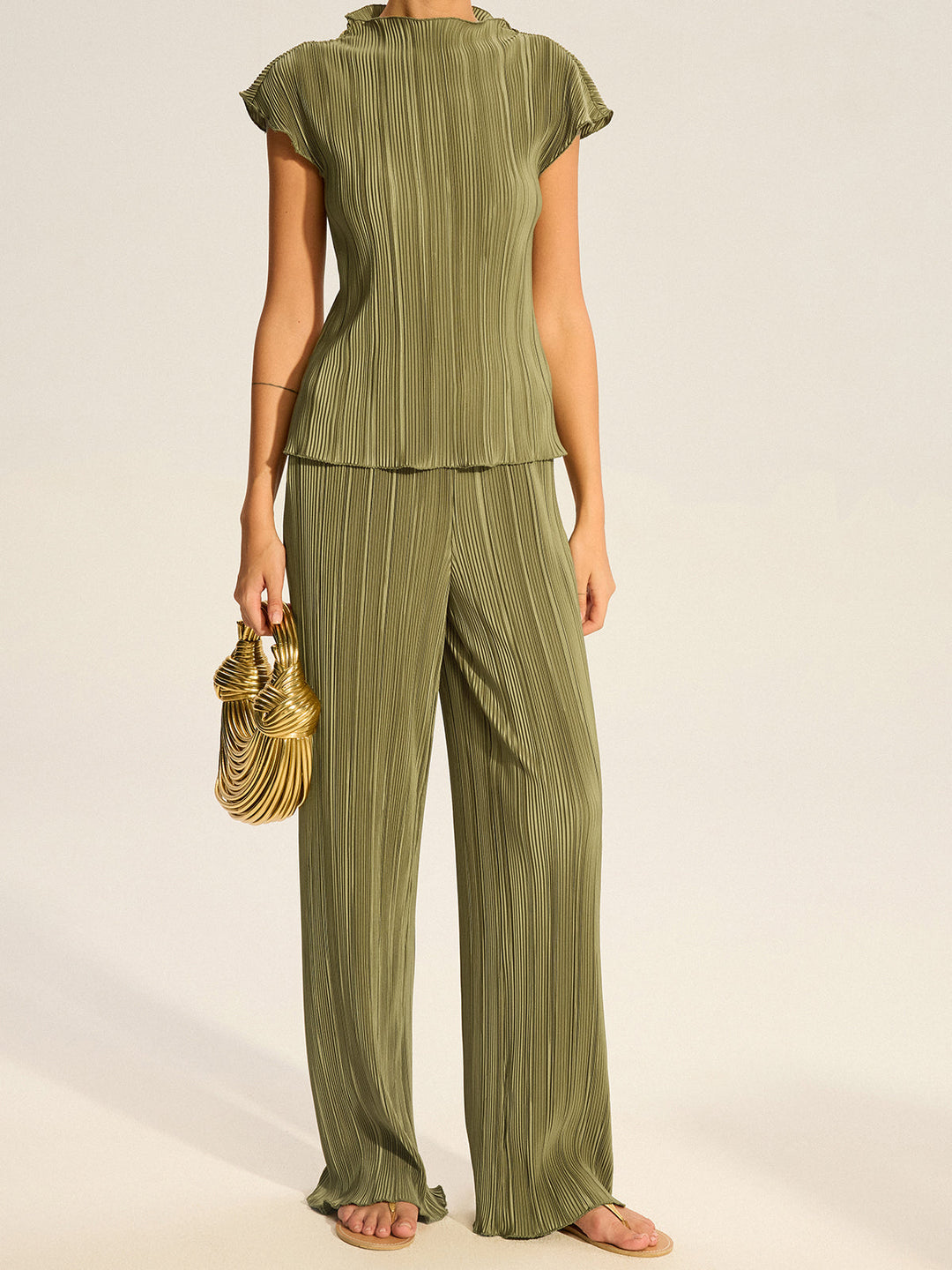 Pleated Top and Wide-Leg Pants Set