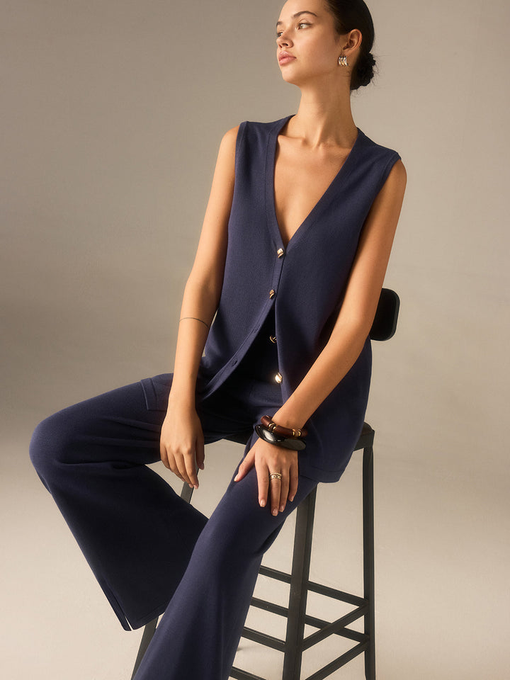 Golden Button Knit Vest Pants Set