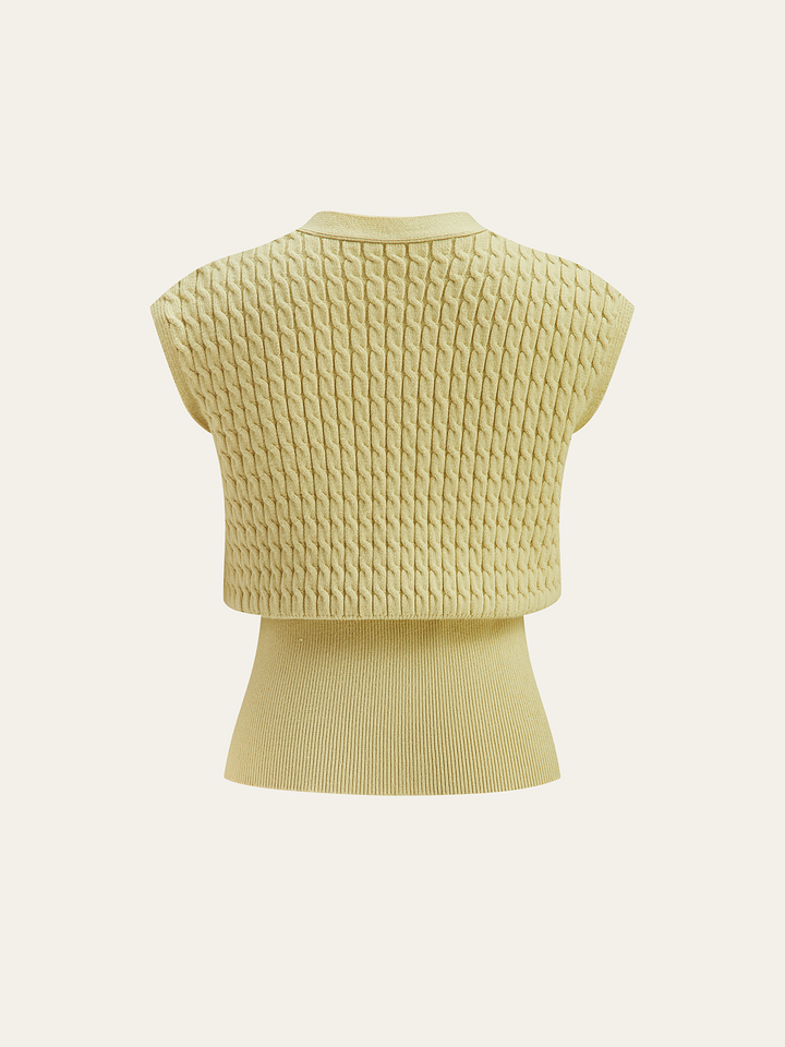 Metal Button Cable Knit Waist-Cinching Vest
