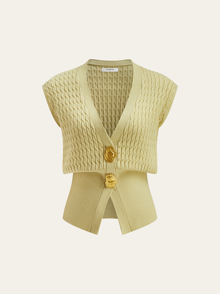 Metal Button Cable Knit Waist-Cinching Vest
