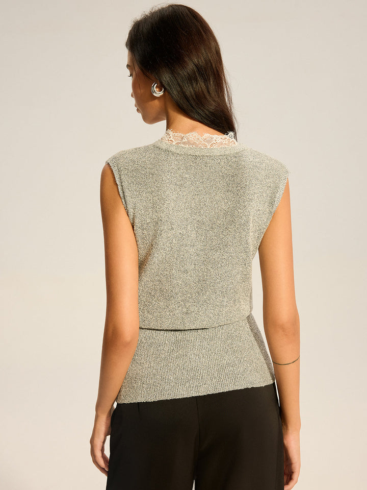 Lace-Trimmed Waist-Cinching Knitted Vest