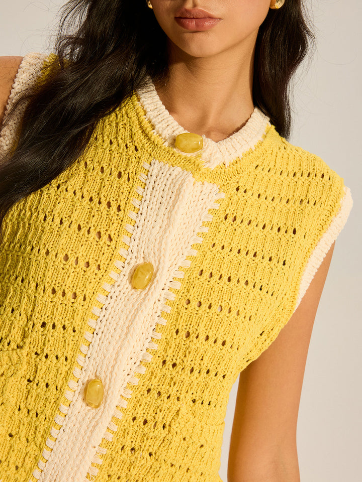 Crochet Knit Vest with Contrast Trim