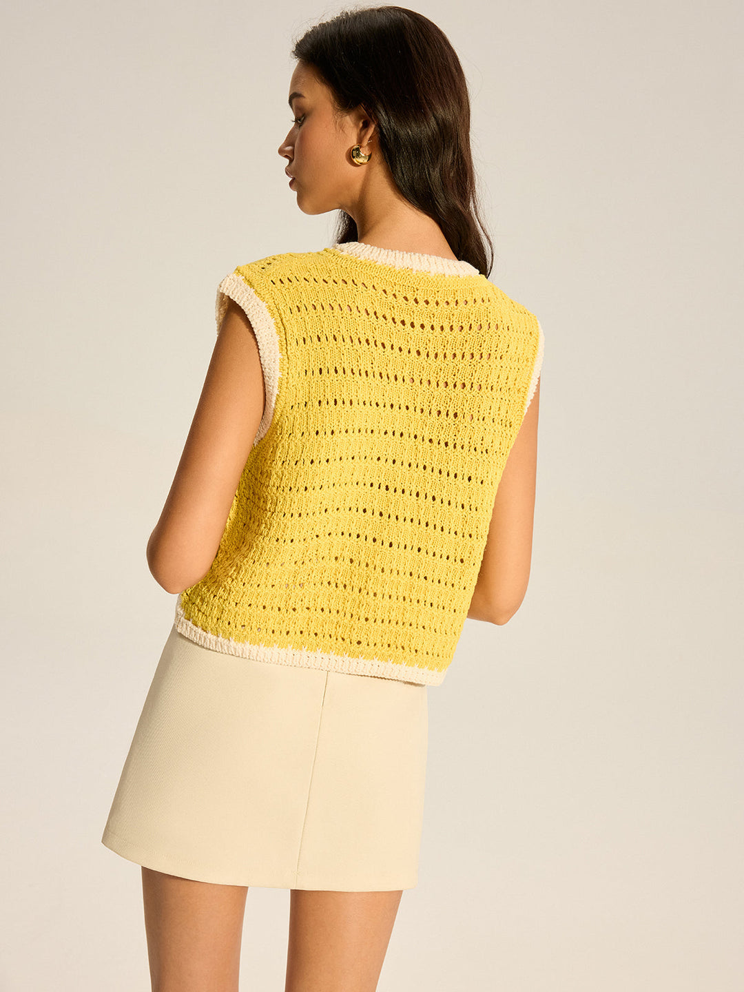 Crochet Knit Vest with Contrast Trim