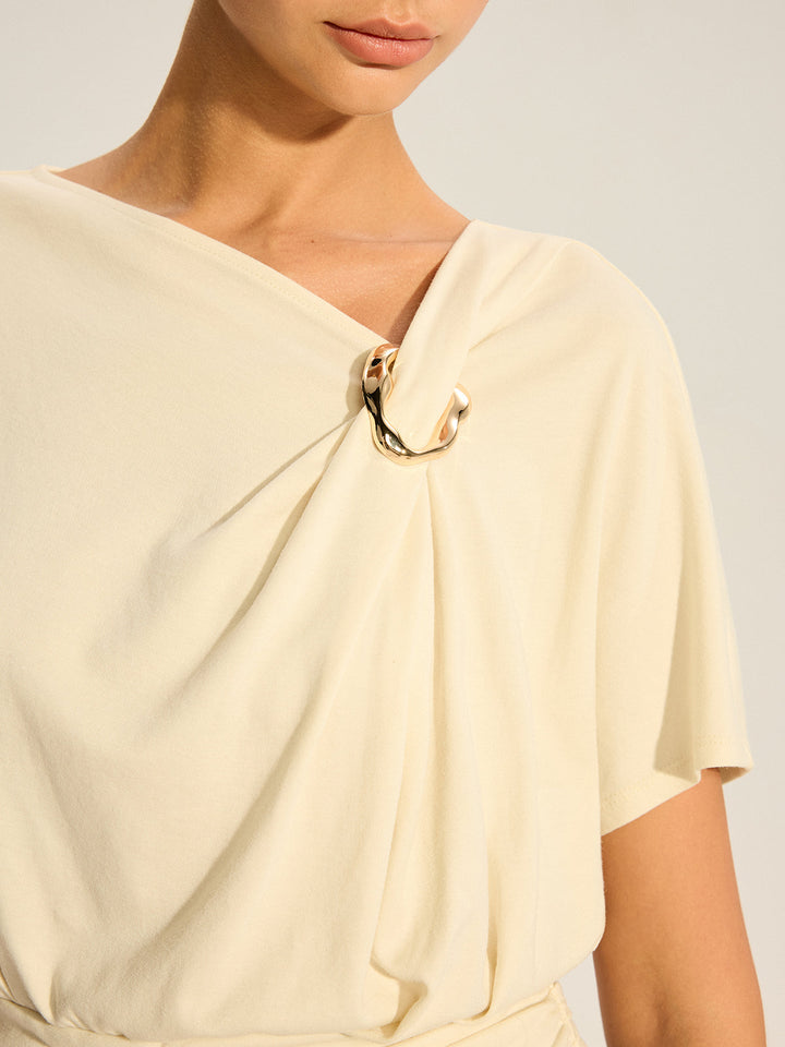 Asymmetrical Ruched Draped Top with Metal Ring Detail