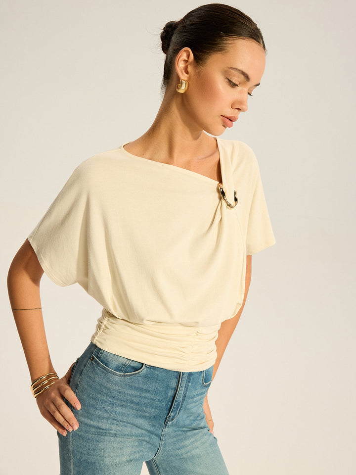 Asymmetrical Ruched Draped Top with Metal Ring Detail