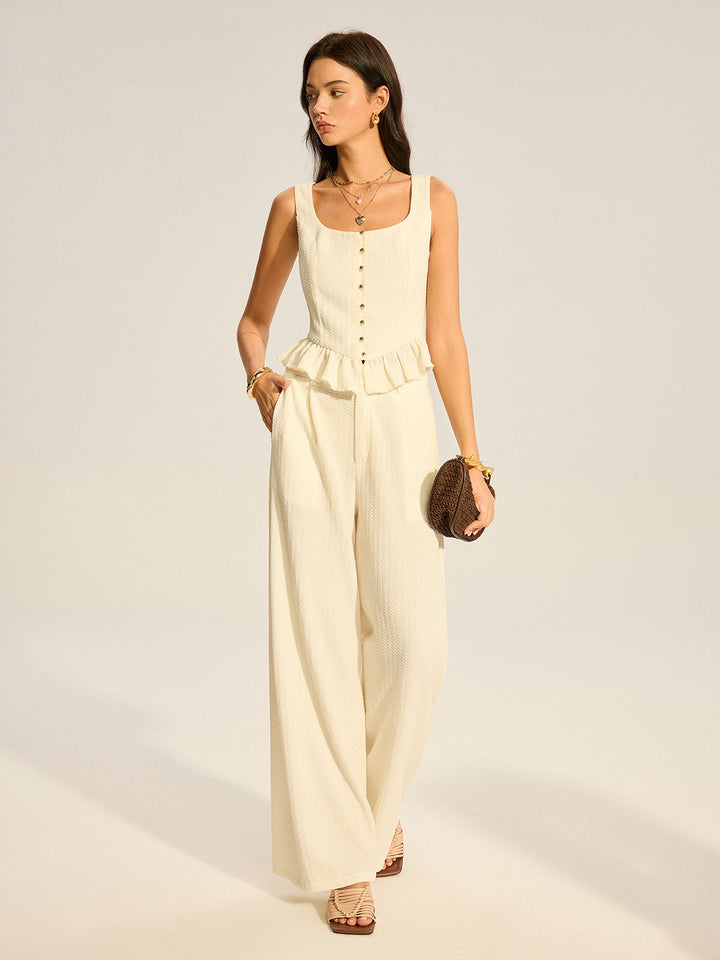 Textured Peplum Top and Wide-Leg Pants Set