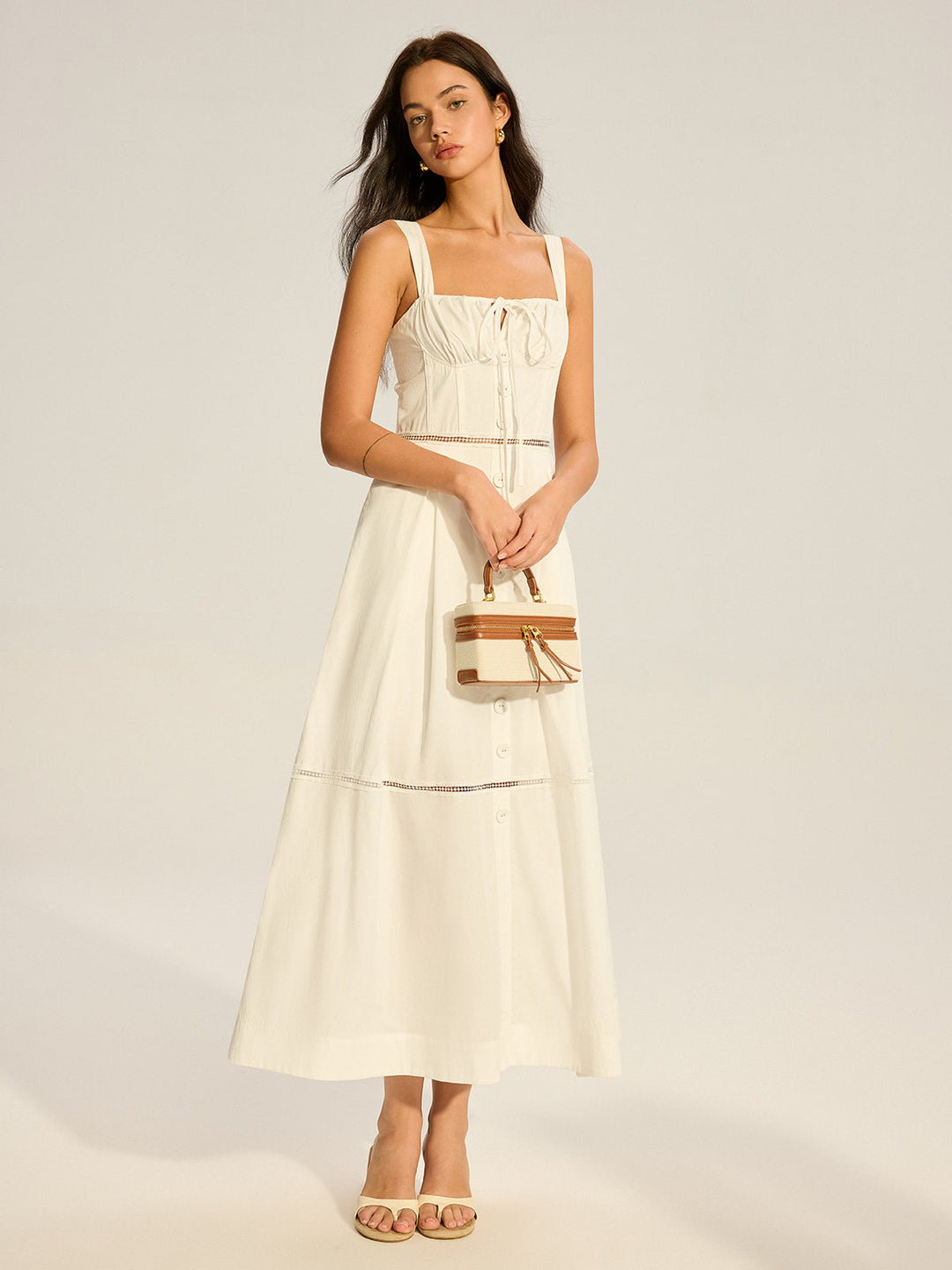 Lace-Panelled Back-Tie Cotton Maxi Dress