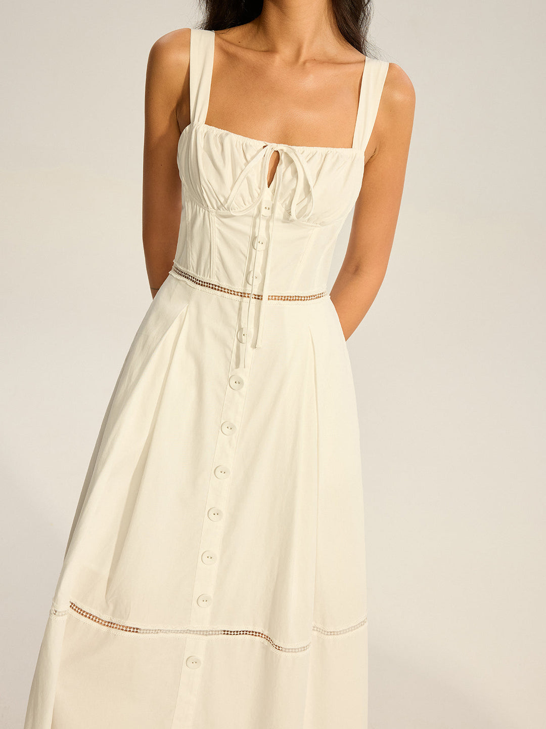 Lace-Panelled Back-Tie Cotton Maxi Dress