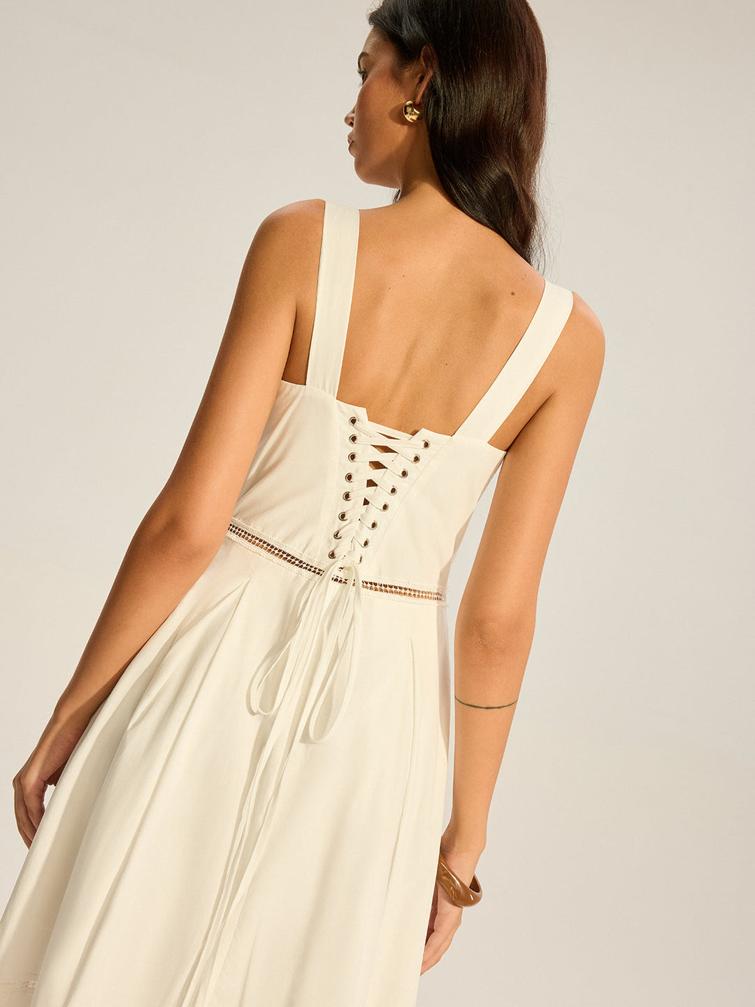 Lace-Panelled Back-Tie Cotton Maxi Dress