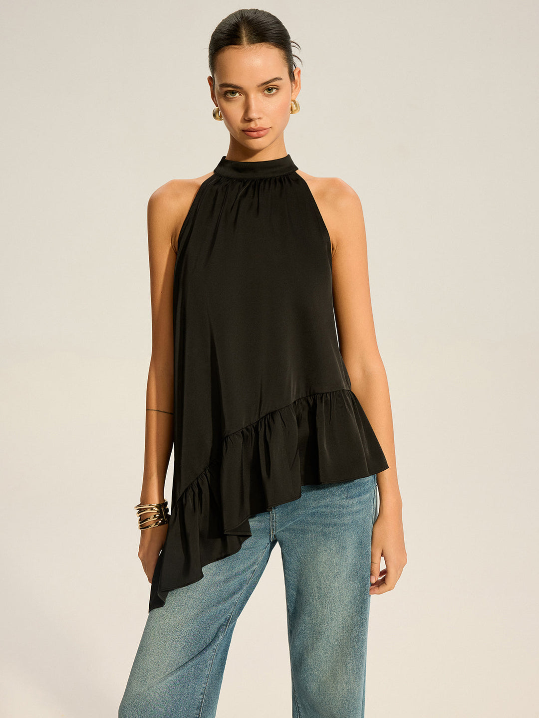 Asymmetric Ruffle Hem Halter Top