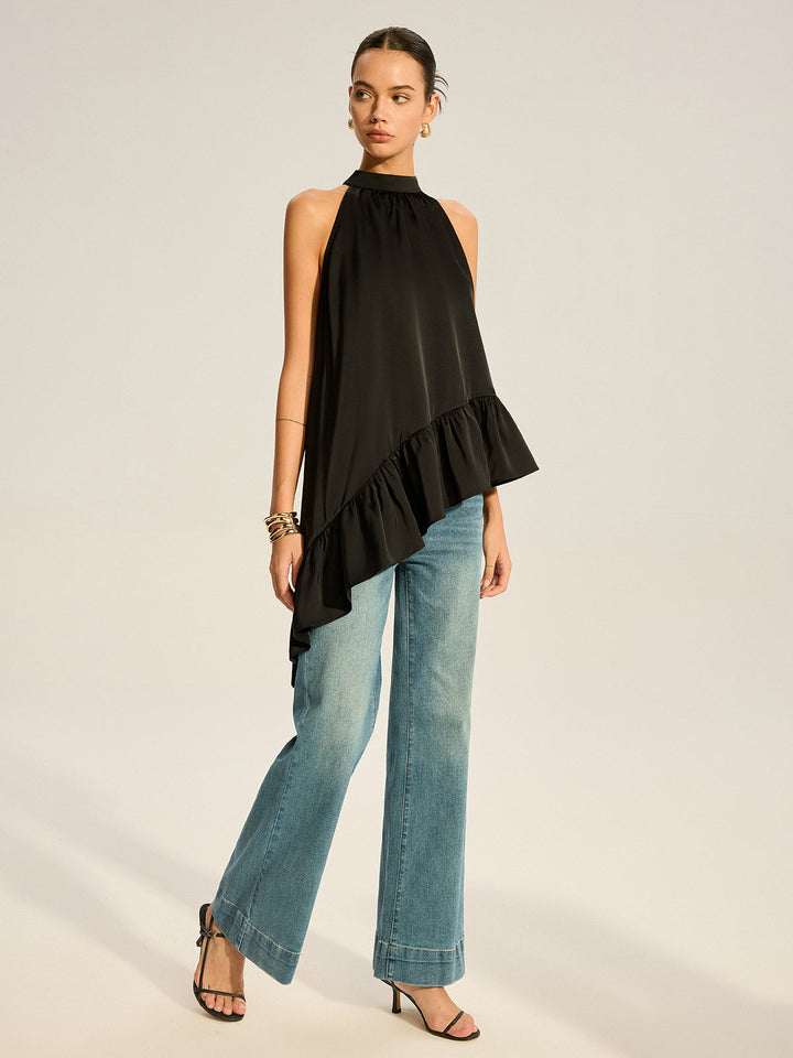 Asymmetric Ruffle Hem Halter Top