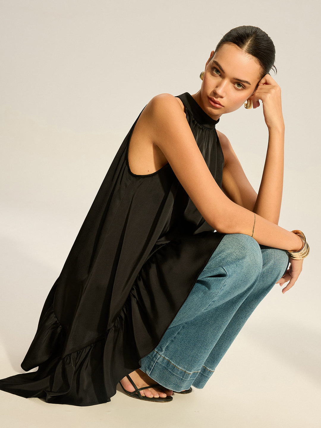 Asymmetric Ruffle Hem Halter Top