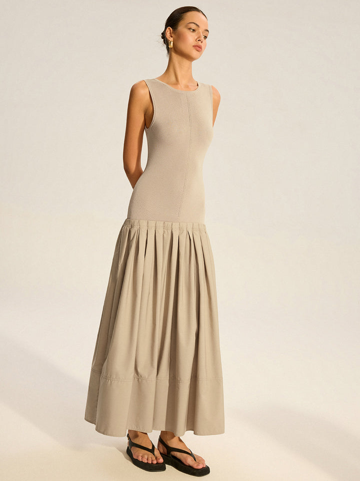 Sleeveless Knit-Top Pleated Midi Dress