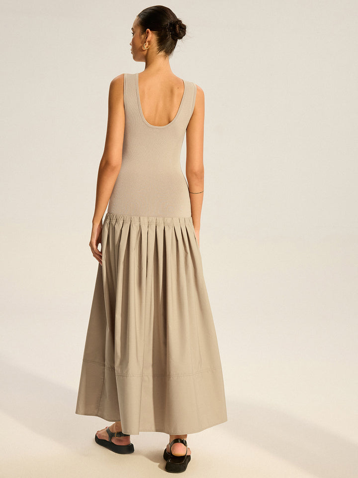 Sleeveless Knit-Top Pleated Midi Dress