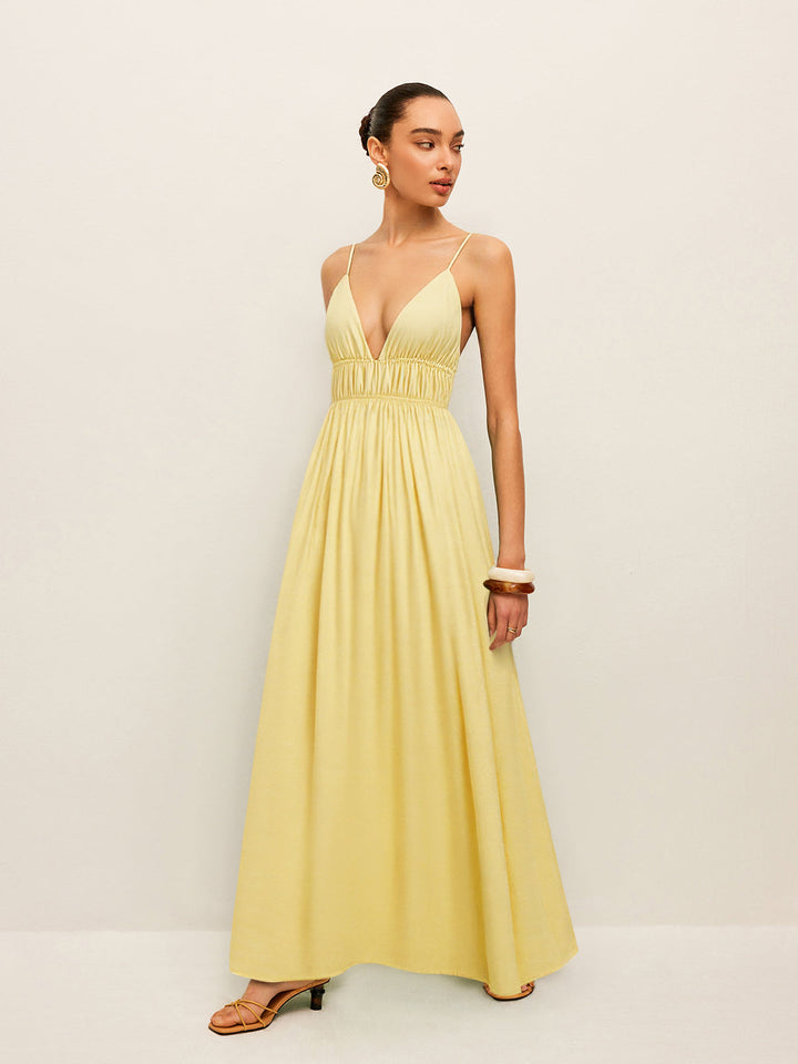 Spaghetti Strap Maxi Dress with Ruched Waist and Crisscross Back
