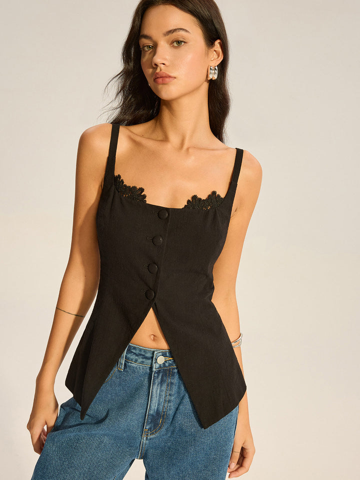 Semi-Sheer Lace-Trimmed Button Top with Slit
