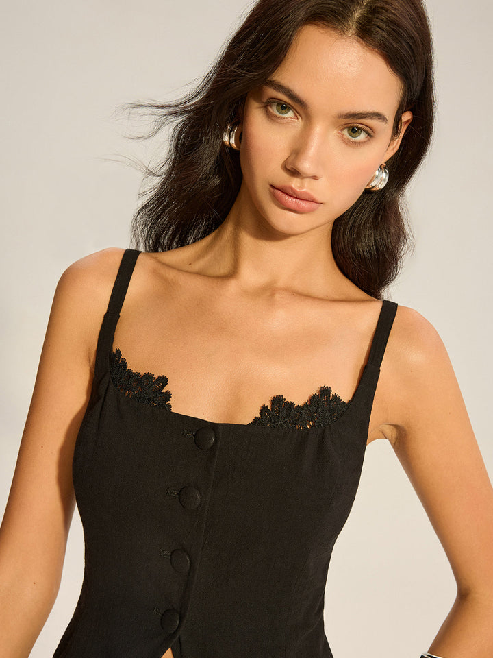 Semi-Sheer Lace-Trimmed Button Top with Slit