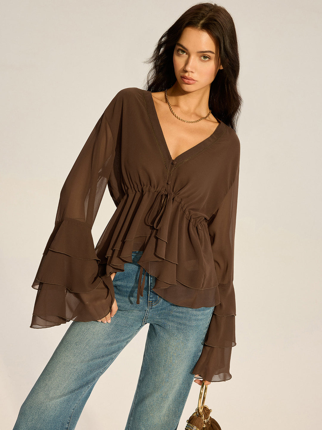 Semi-Sheer Chiffon Tiered Flared Sleeve Shirt