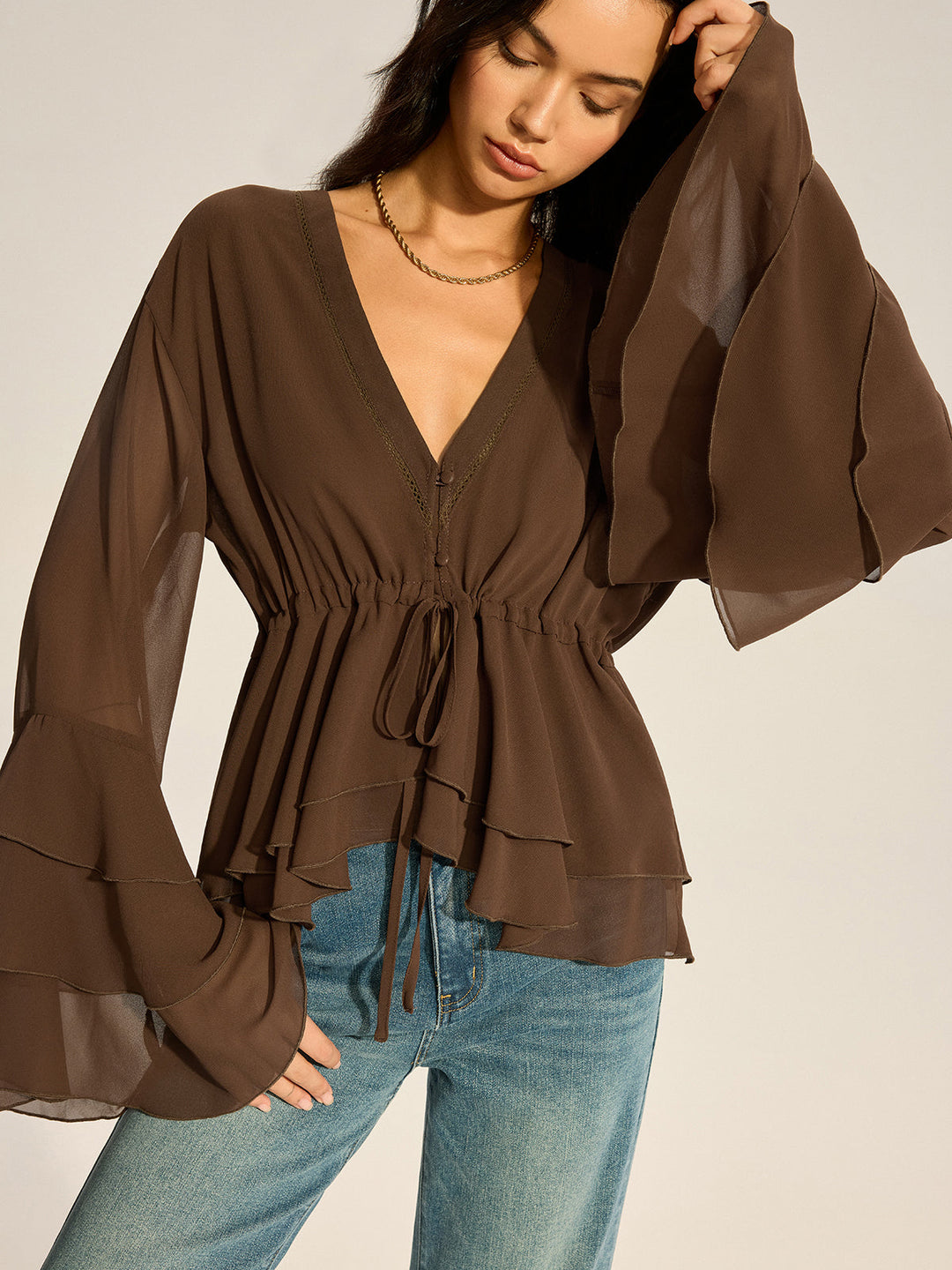 Semi-Sheer Chiffon Tiered Flared Sleeve Shirt