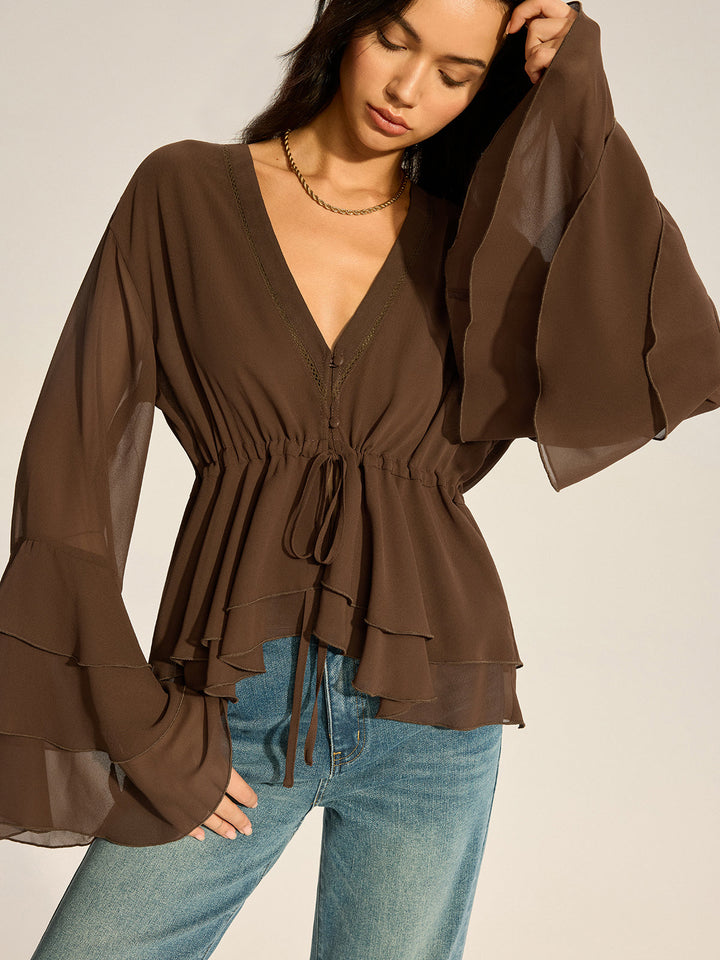 Semi-Sheer Chiffon Tiered Flared Sleeve Shirt