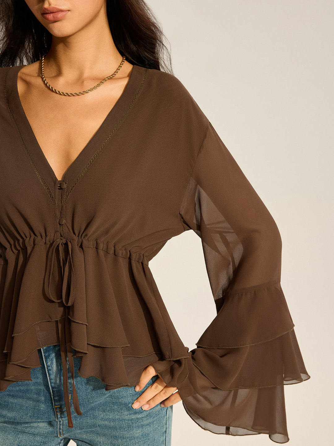 Semi-Sheer Chiffon Tiered Flared Sleeve Shirt