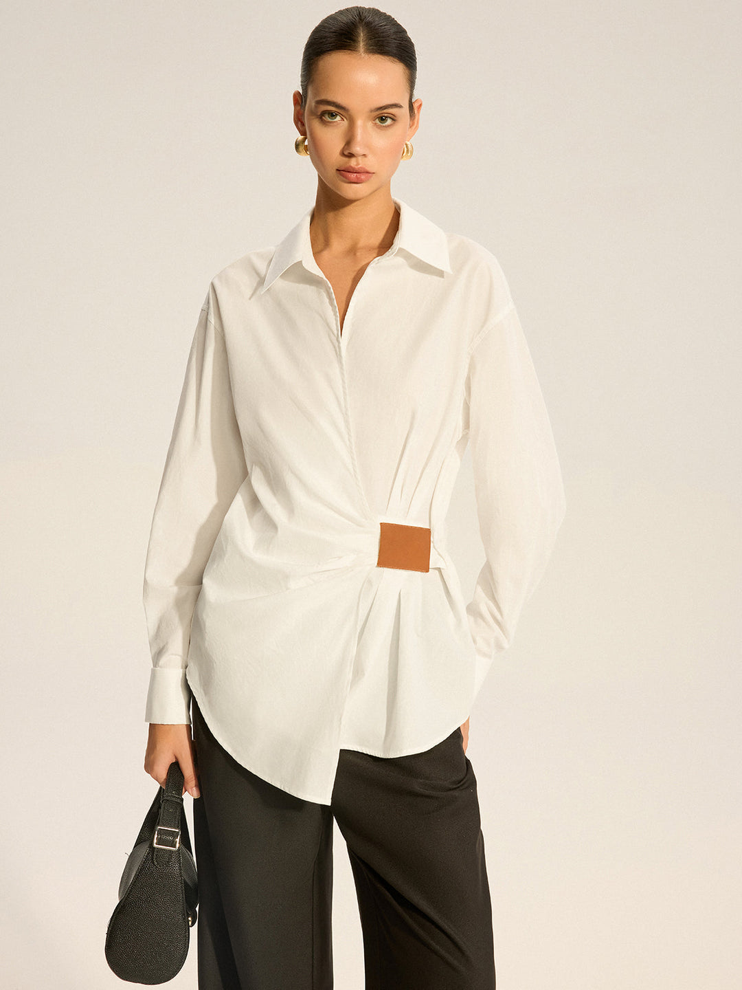Cotton Ruched Shirt with Faux Leather Detail