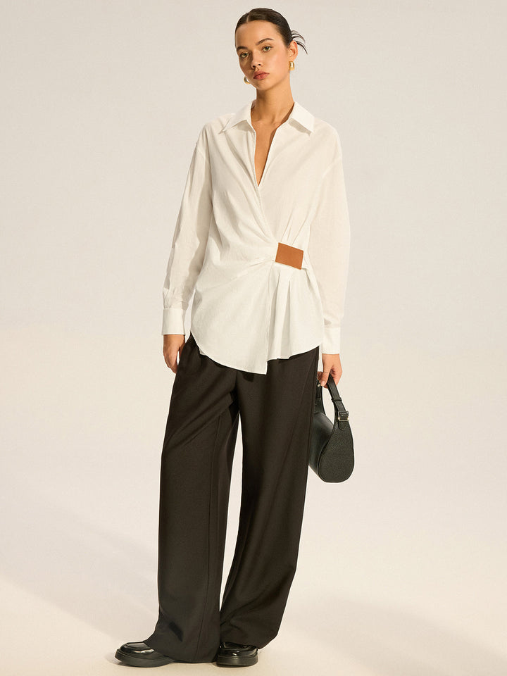 Cotton Ruched Shirt with Faux Leather Detail