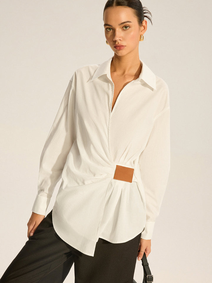 Cotton Ruched Shirt with Faux Leather Detail