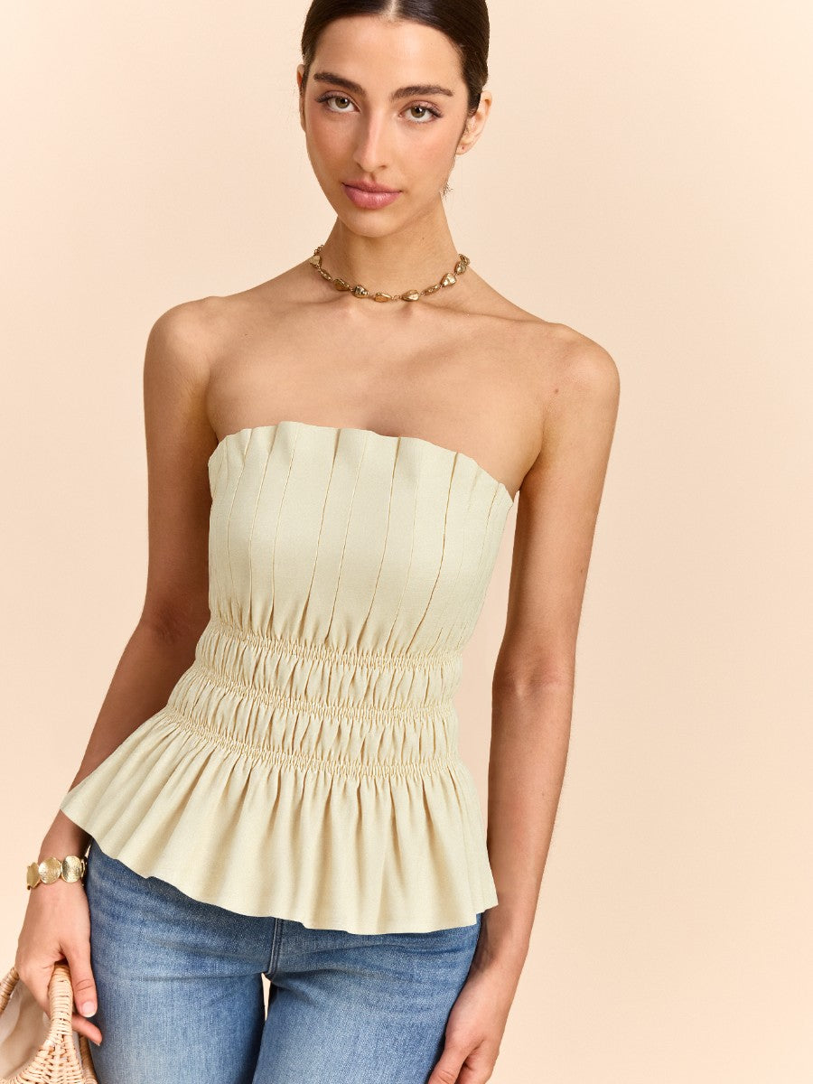 Cotton & Linen Strapless Smocked Peplum Top