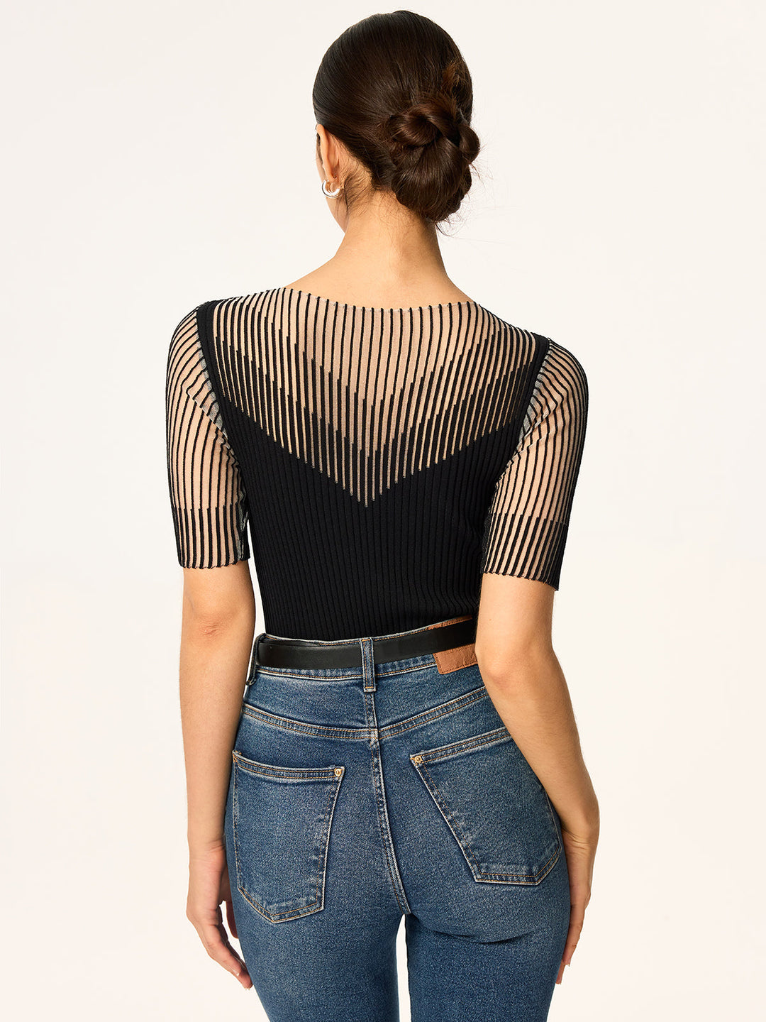 Sheer Stripe Panel Ribbed Knit Top