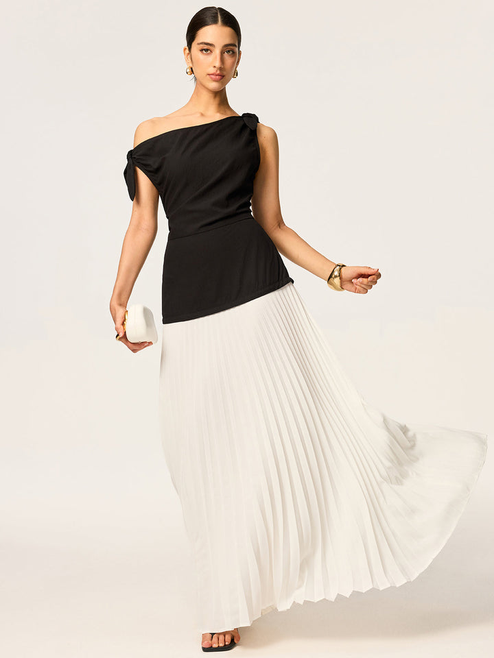 Asymmetric Pleated Maxi Dress with Bow Detail