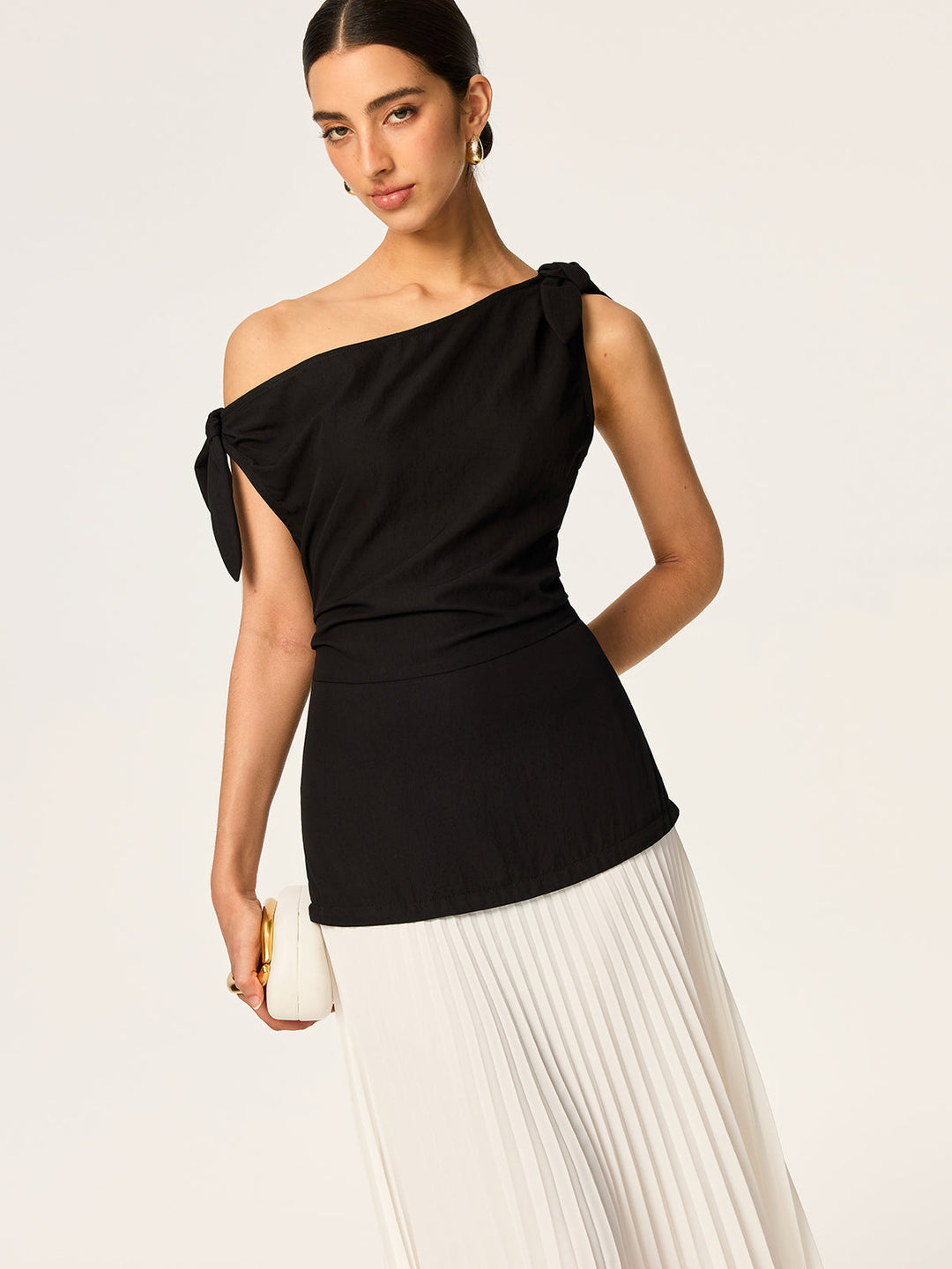 Asymmetric Pleated Maxi Dress with Bow Detail