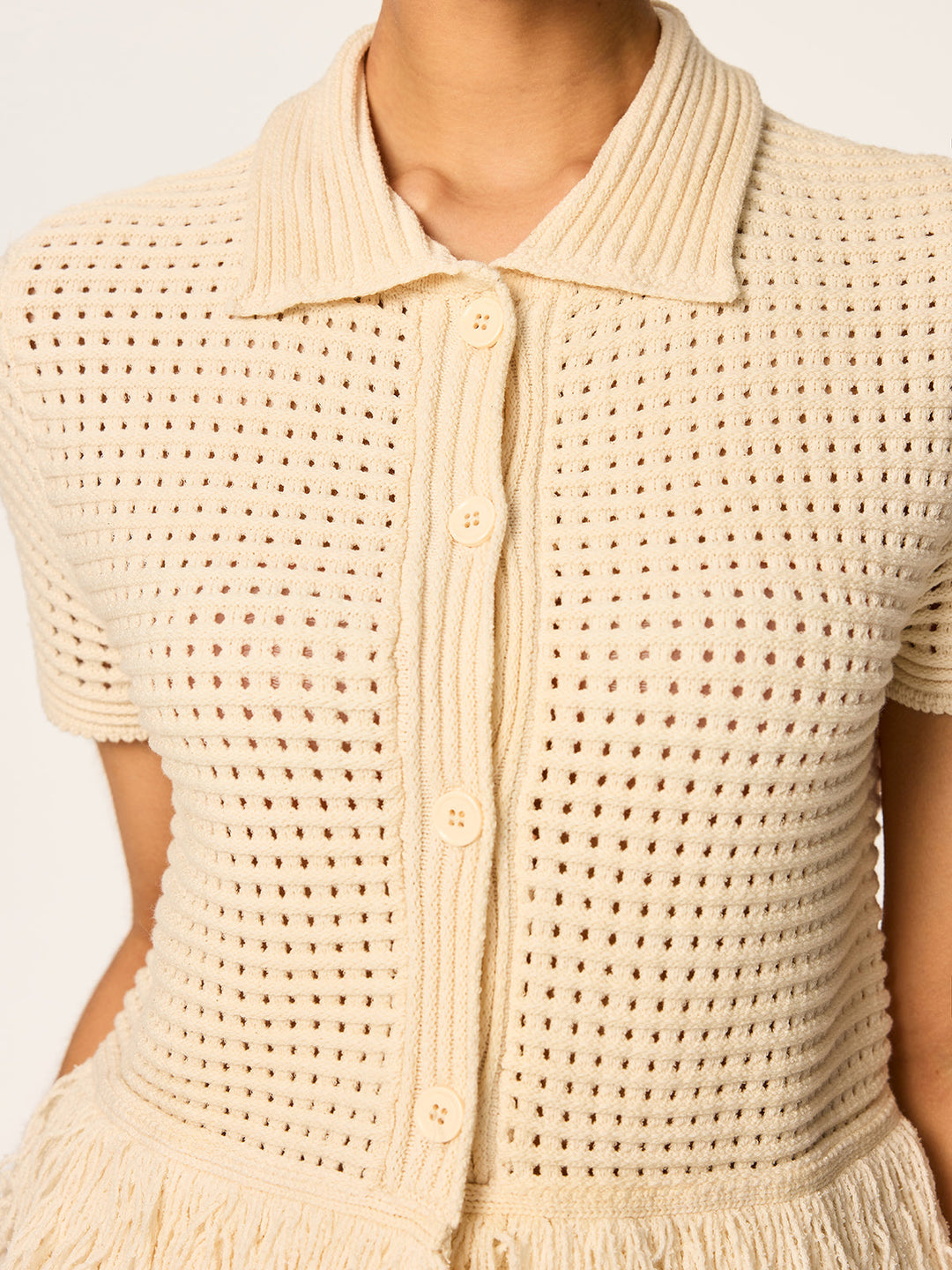 Fringed Mesh-Knit Polo Short Sleeve Top