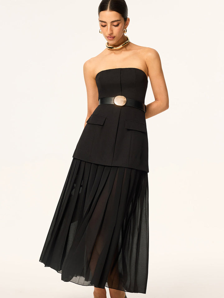 Semi-Sheer Strapless Belted Midi Dress with Chiffon Hem