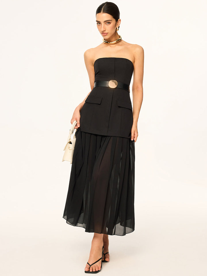Semi-Sheer Strapless Belted Midi Dress with Chiffon Hem