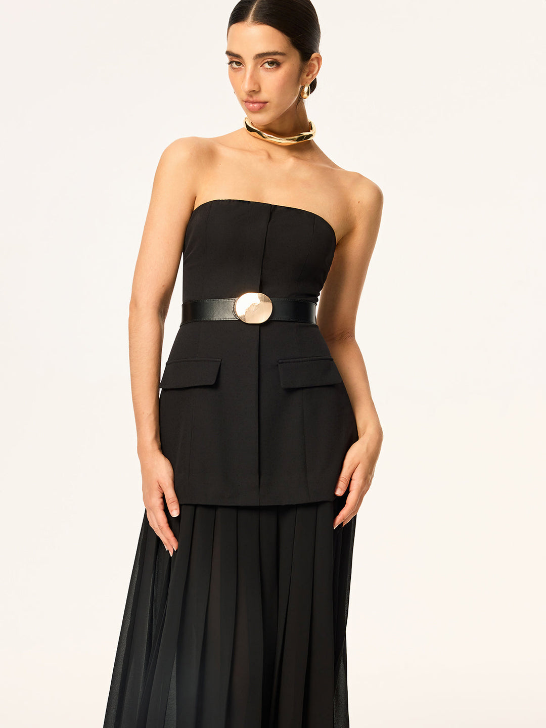 Semi-Sheer Strapless Belted Midi Dress with Chiffon Hem