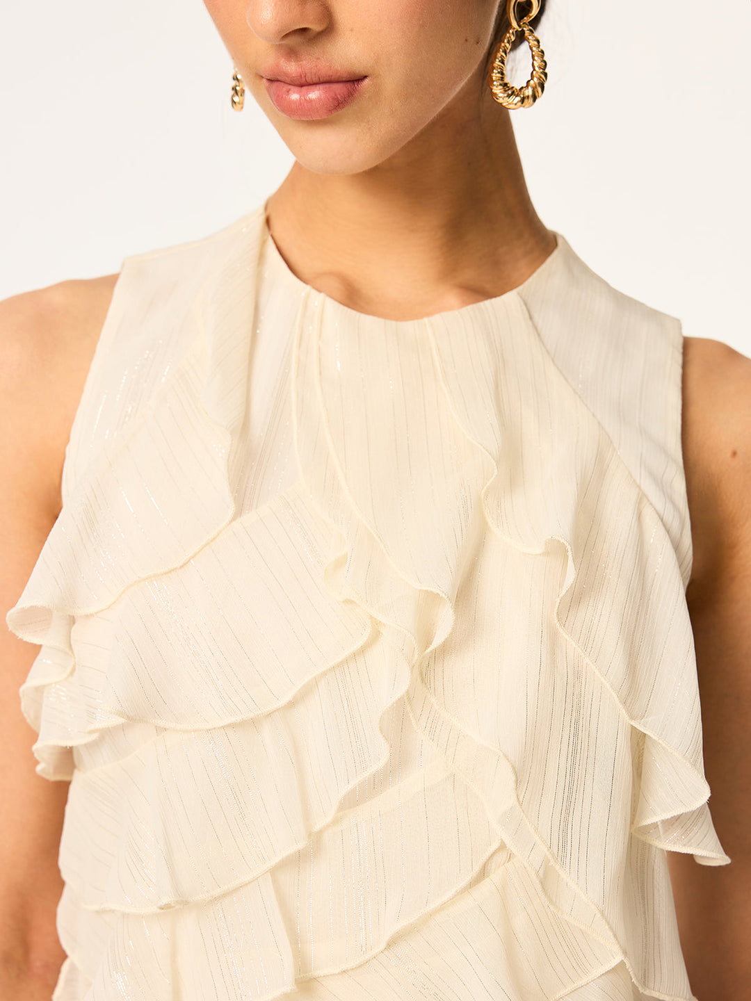 Semi-Sheer Ruffled Sleeveless Chiffon Top