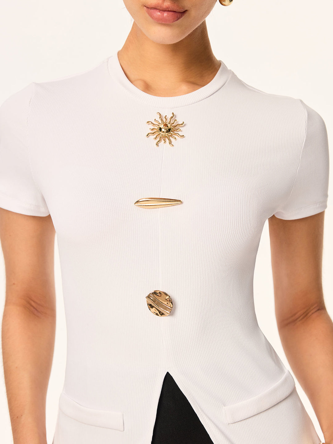 Short-Sleeved Top with Metal Embellishments and Front Slit