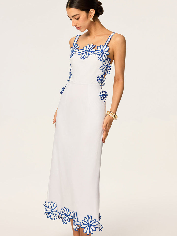 Semi-Sheer Floral Embroidery Back Bow Maxi Dress
