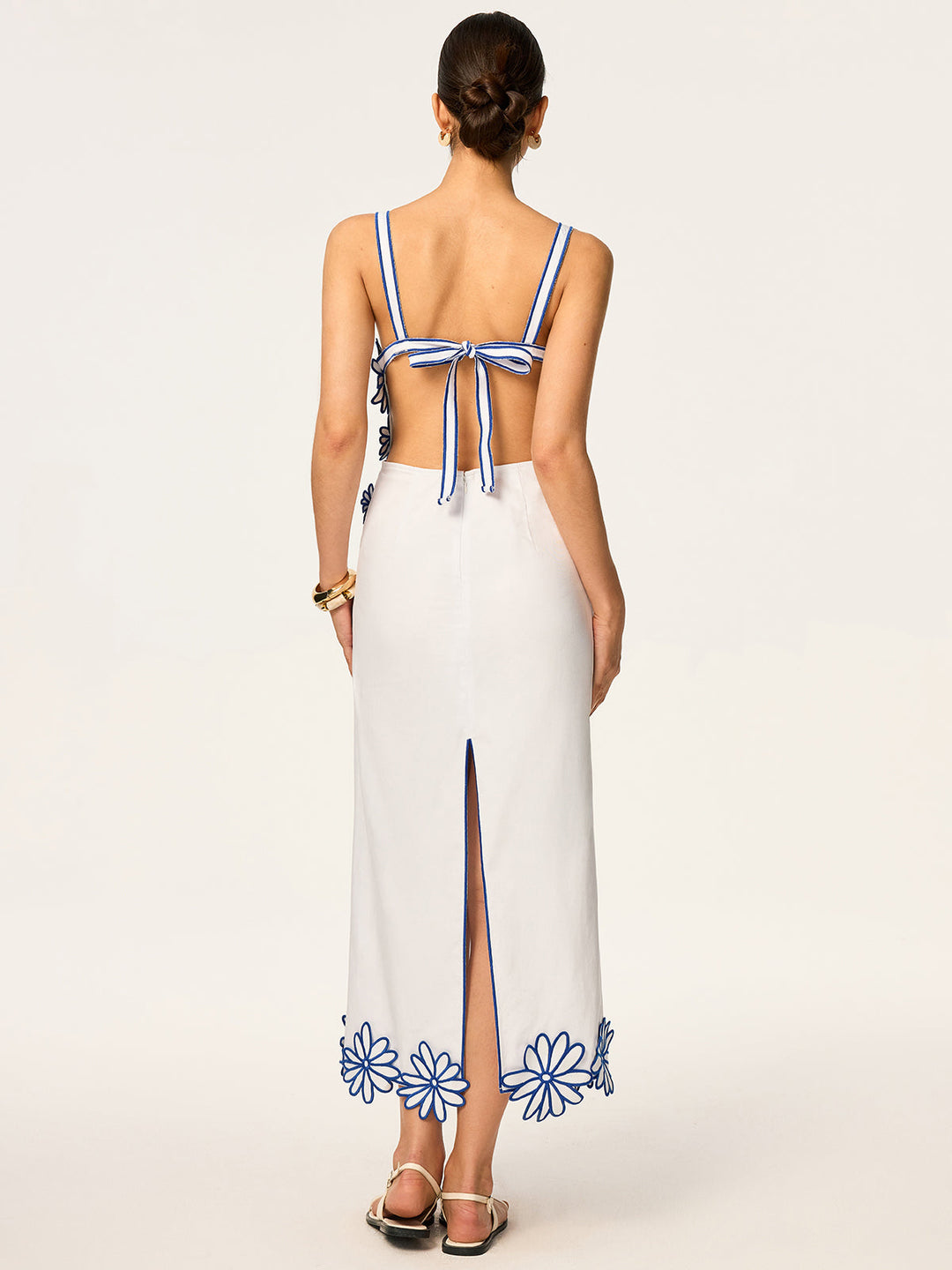 Semi-Sheer Floral Embroidery Back Bow Maxi Dress