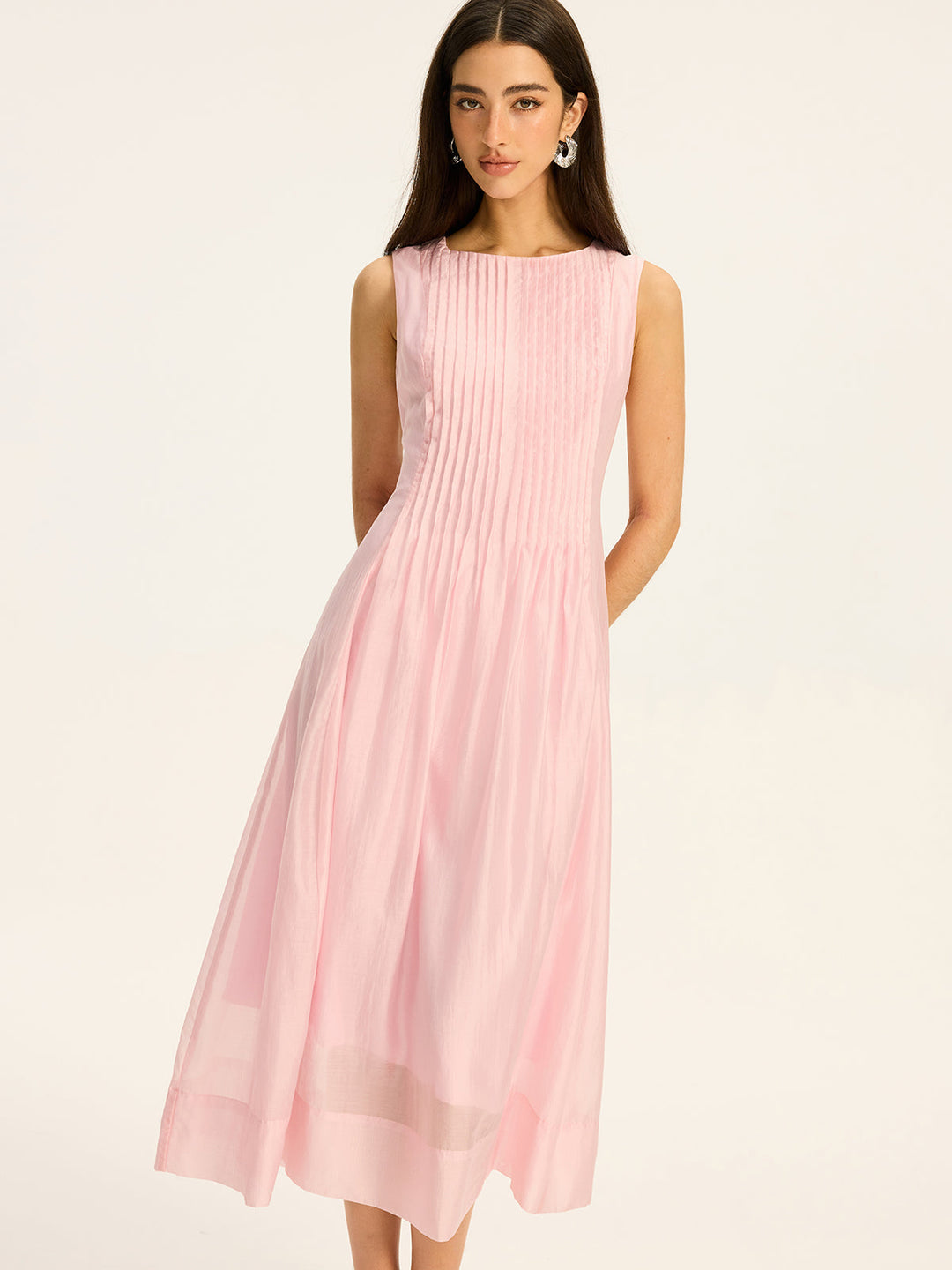 Semi-Sheer Tencel Pleated Sleeveless Midi Dress