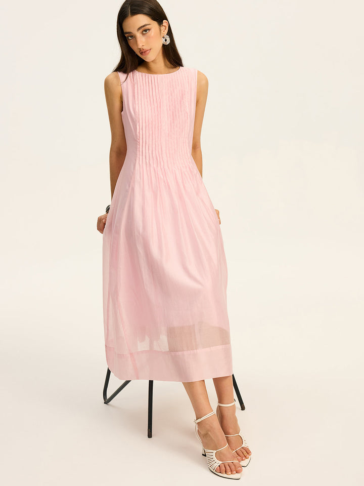 Semi-Sheer Tencel Pleated Sleeveless Midi Dress
