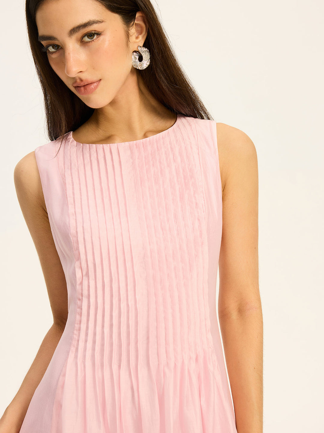 Semi-Sheer Tencel Pleated Sleeveless Midi Dress