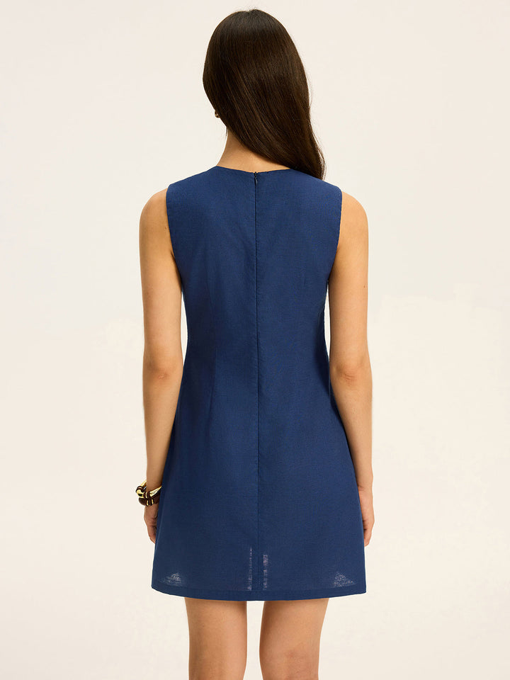 Linen & Cotton Cut-Out Contrast-Stitch Mini Dress